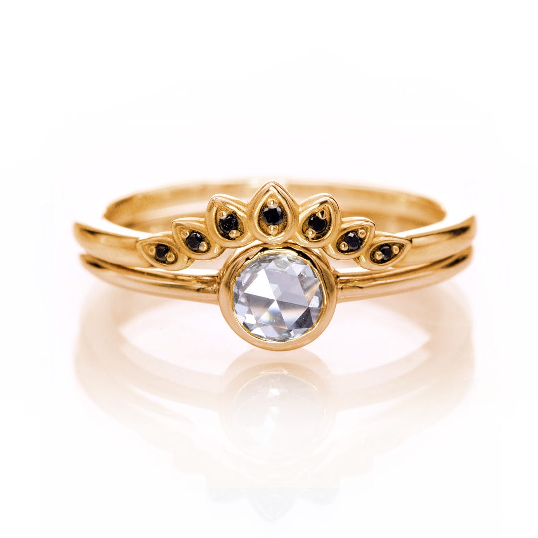 Bridal Ring Set - Rose Cut Damond Bezel Engagement Ring & Petal Band