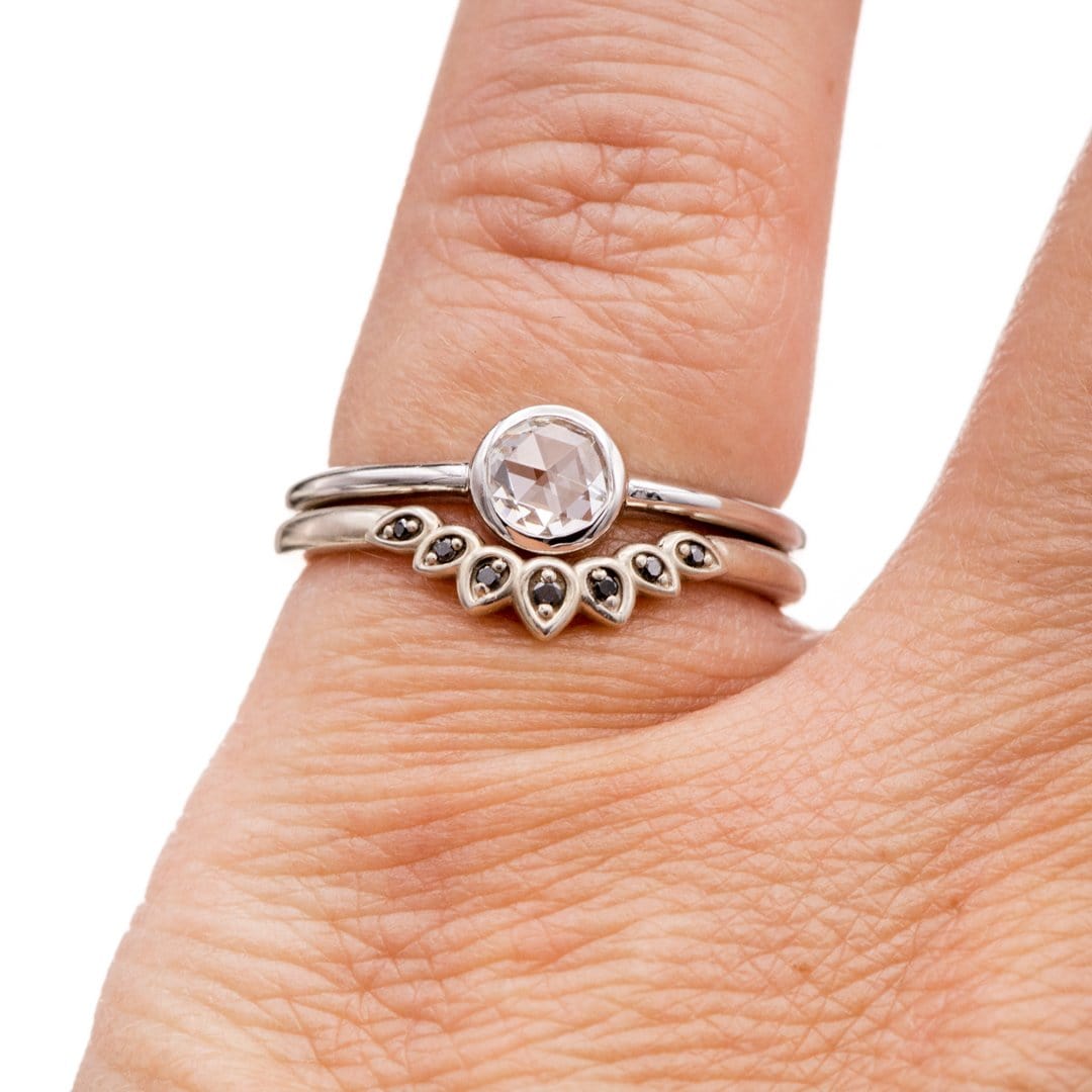 Bridal Ring Set - Rose Cut Damond Bezel Engagement Ring & Petal Band