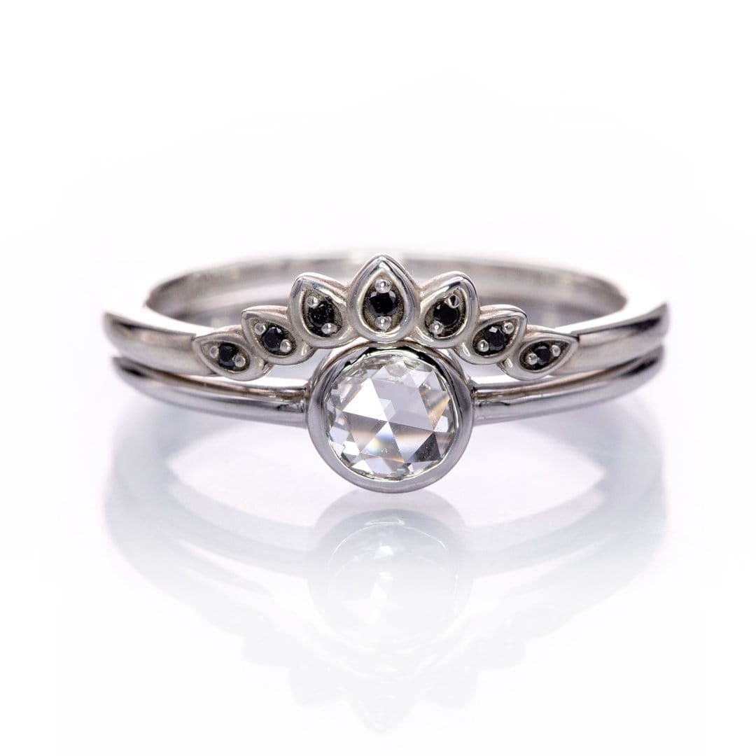 Bridal Ring Set - Rose Cut Damond Bezel Engagement Ring & Petal Band