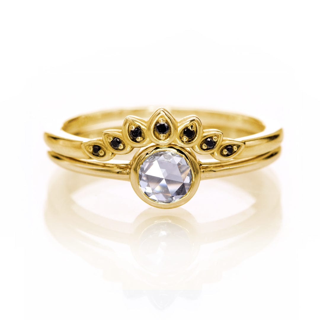 Bridal Ring Set - Rose Cut Damond Bezel Engagement Ring & Petal Band