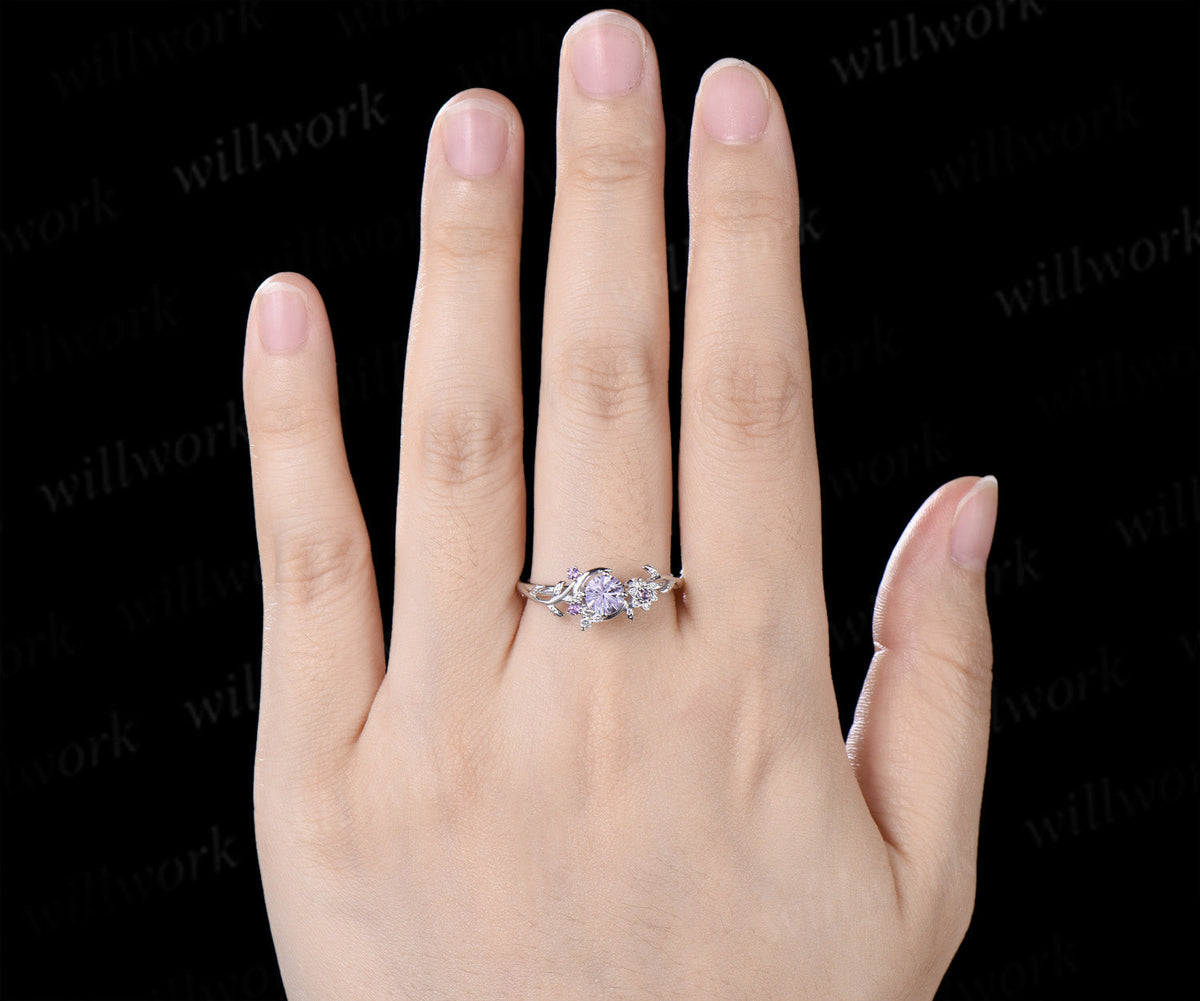 Round Fireworks Cut Lavender Amethyst Engagement Ring Moon Leaf Vine Floral Promise Ring Unique Diamond Cluster Ring Gift
