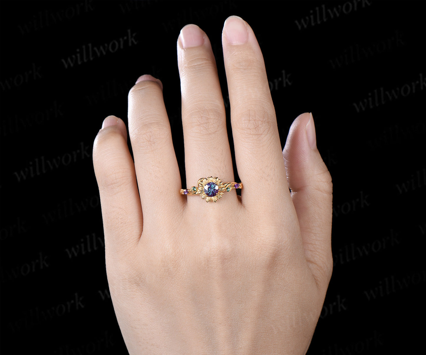 Round Fireworks Cut Alexandrite Sunflower Engagement Ring Leaf Twig Amethyst Emerald Accent Promise Ring
