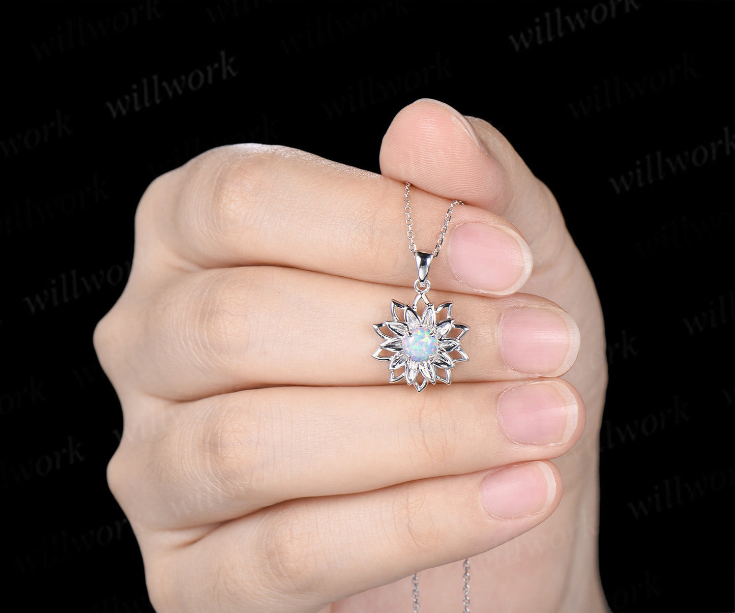 Round Opal Lotus Flower Pendant Necklace Hollow Out Floral Gemstone Necklace Nature Inspired Jewelry