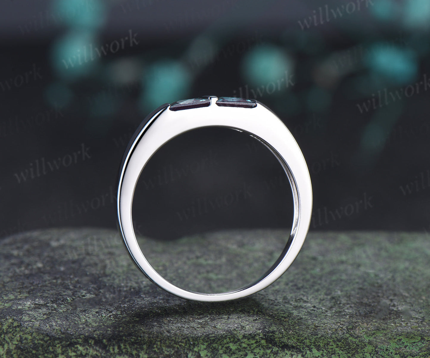 Princess Cut Color-Change Alexandrite Men Wedding Band Toi et Moi Two Stone Ring Unique Anniversary Gifts for Men