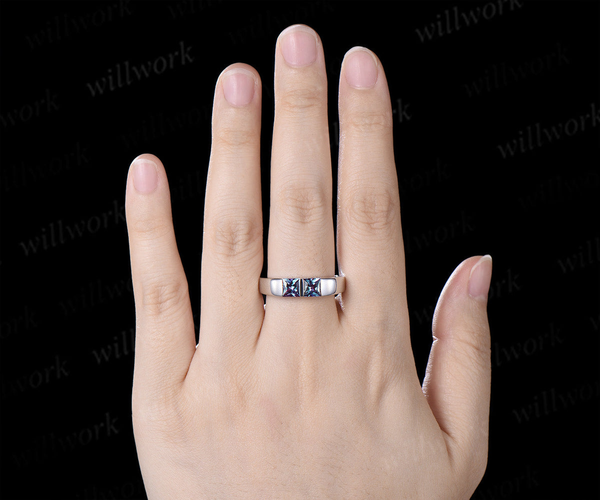 Princess Cut Color-Change Alexandrite Men Wedding Band Toi et Moi Two Stone Ring Unique Anniversary Gifts for Men