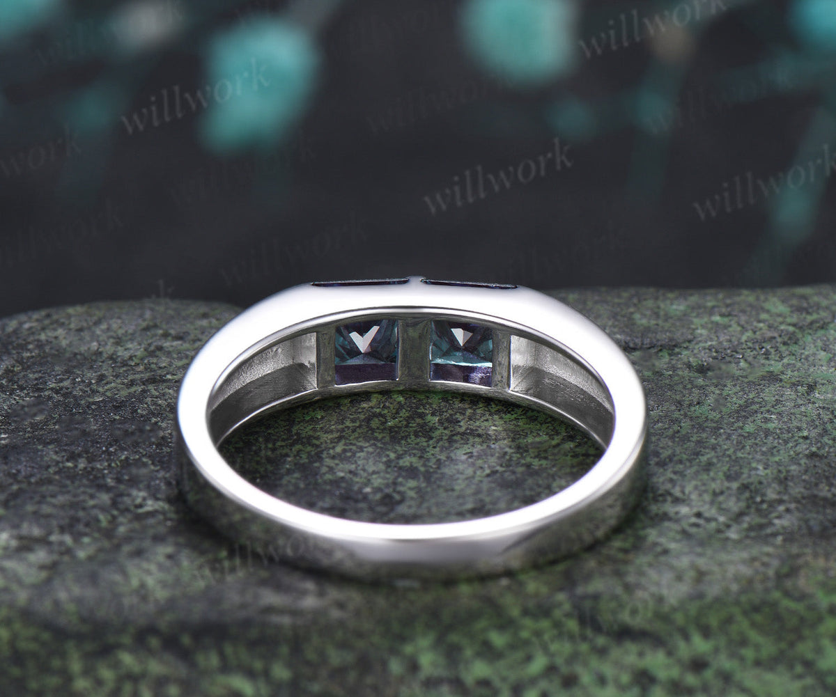 Princess Cut Color-Change Alexandrite Men Wedding Band Toi et Moi Two Stone Ring Unique Anniversary Gifts for Men