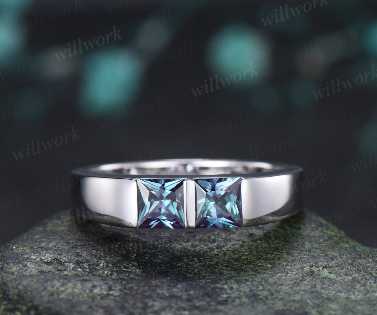 Princess Cut Color-Change Alexandrite Men Wedding Band Toi et Moi Two Stone Ring Unique Anniversary Gifts for Men