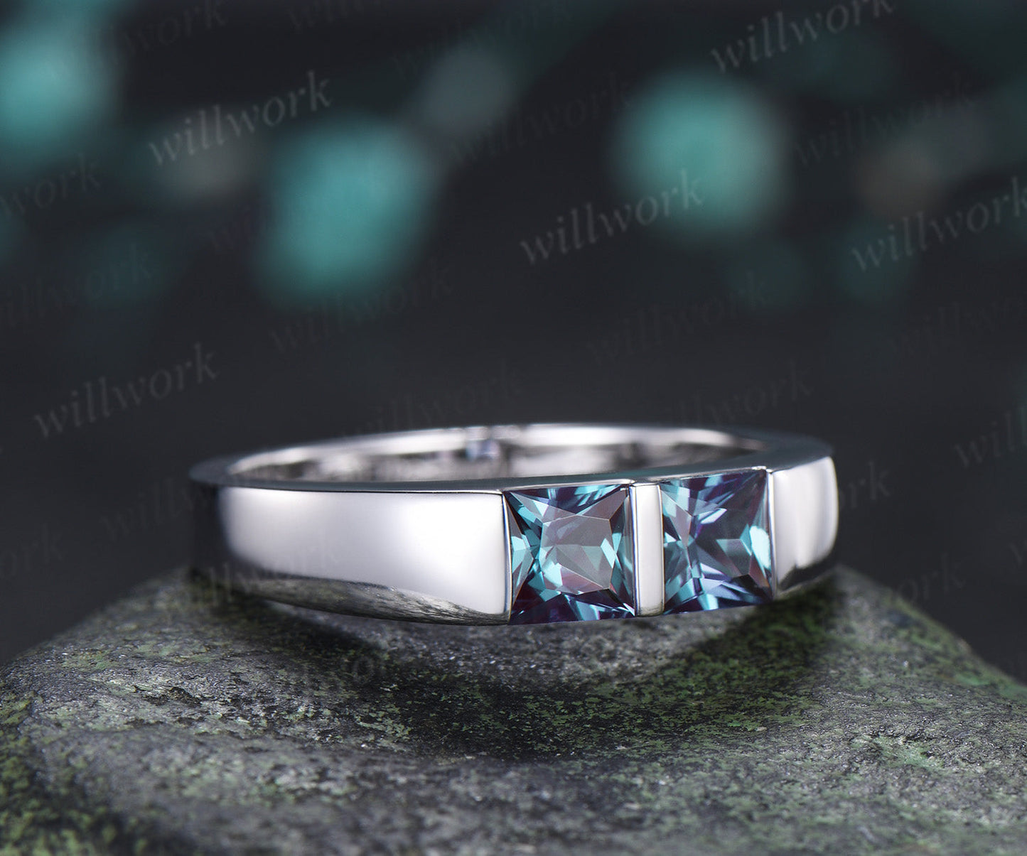 Princess Cut Color-Change Alexandrite Men Wedding Band Toi et Moi Two Stone Ring Unique Anniversary Gifts for Men