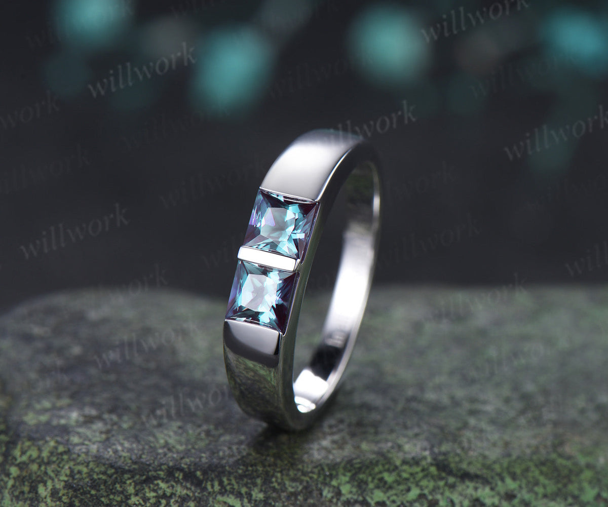 Princess Cut Color-Change Alexandrite Men Wedding Band Toi et Moi Two Stone Ring Unique Anniversary Gifts for Men
