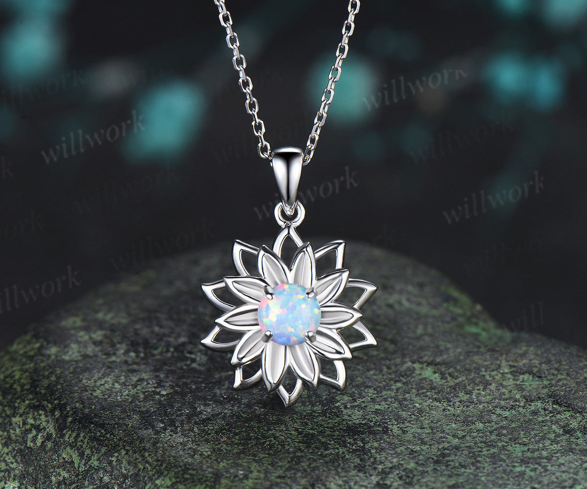 Round Opal Lotus Flower Pendant Necklace Hollow Out Floral Gemstone Necklace Nature Inspired Jewelry