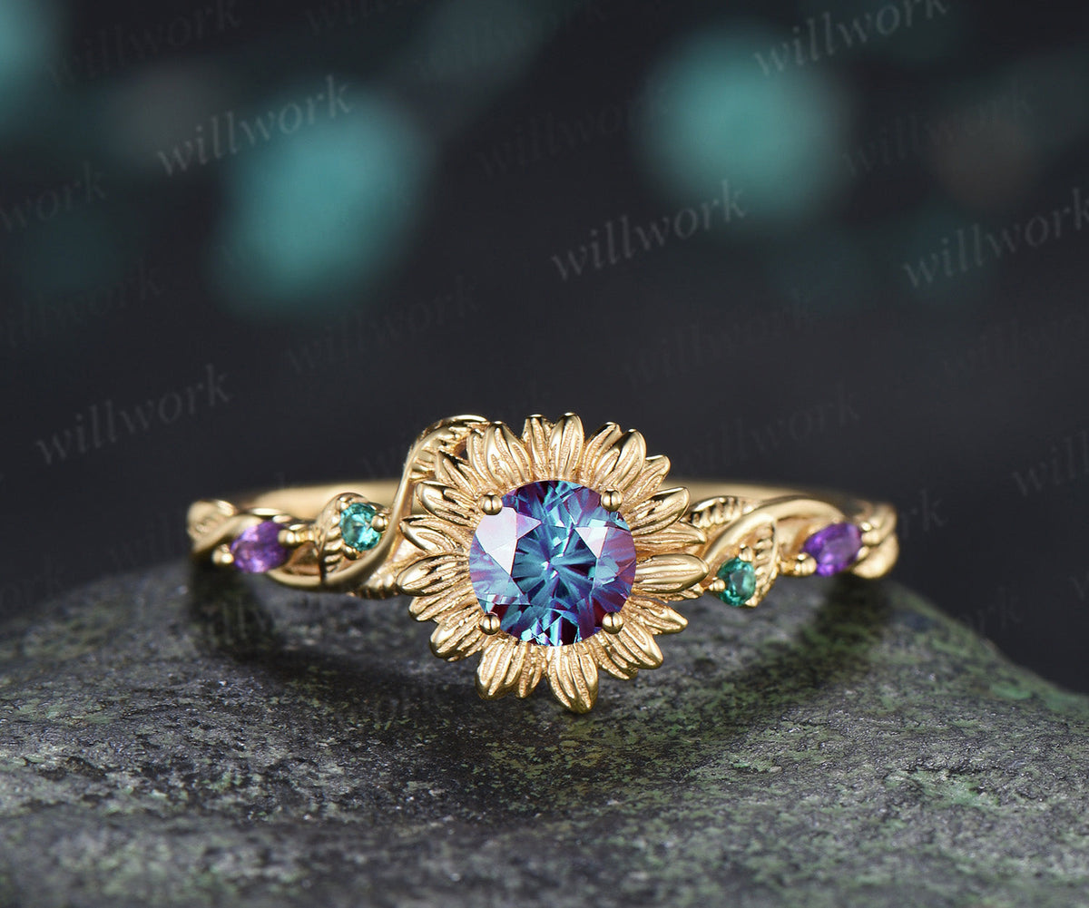 Round Fireworks Cut Alexandrite Sunflower Engagement Ring Leaf Twig Amethyst Emerald Accent Promise Ring