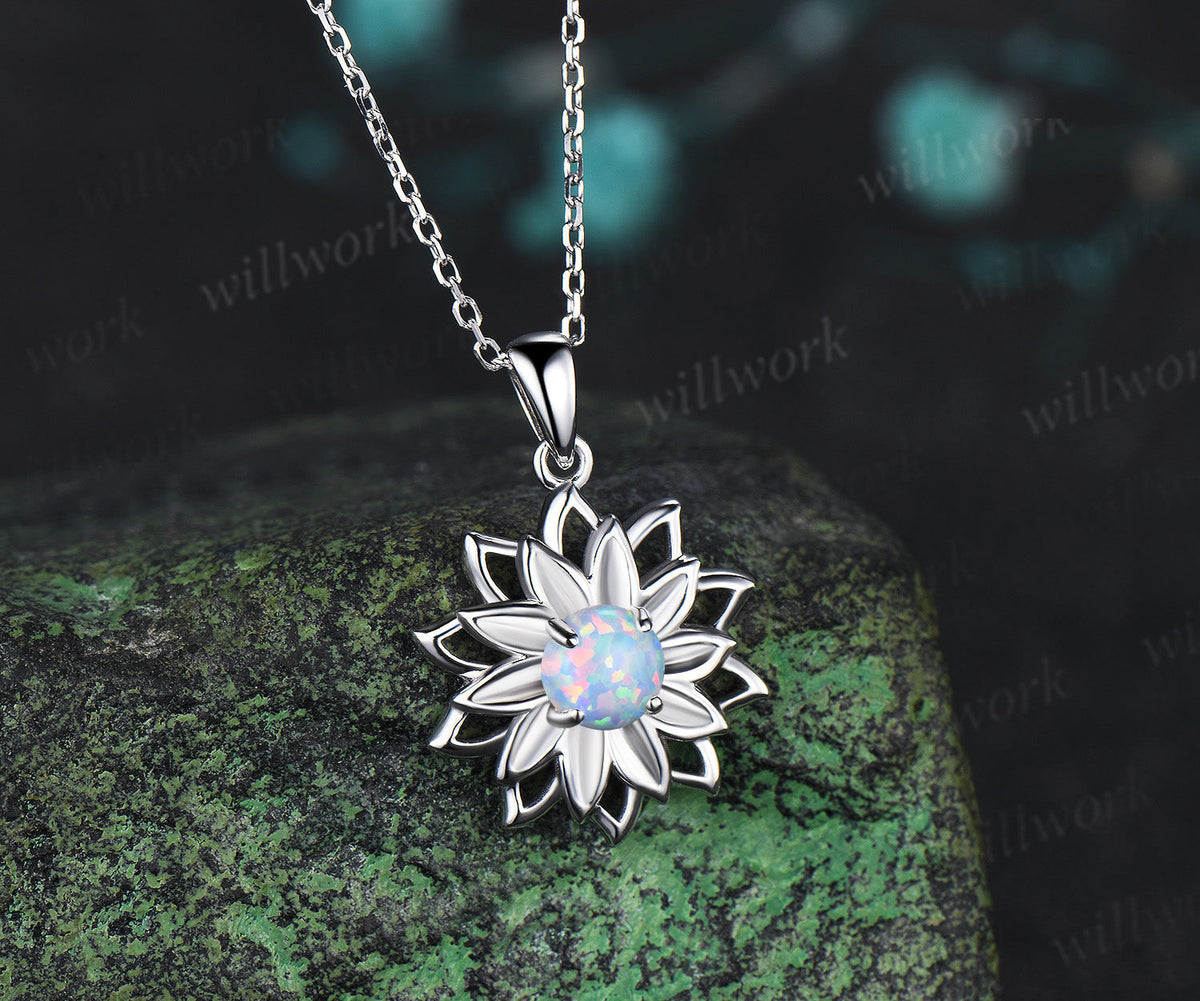 Round Opal Lotus Flower Pendant Necklace Hollow Out Floral Gemstone Necklace Nature Inspired Jewelry