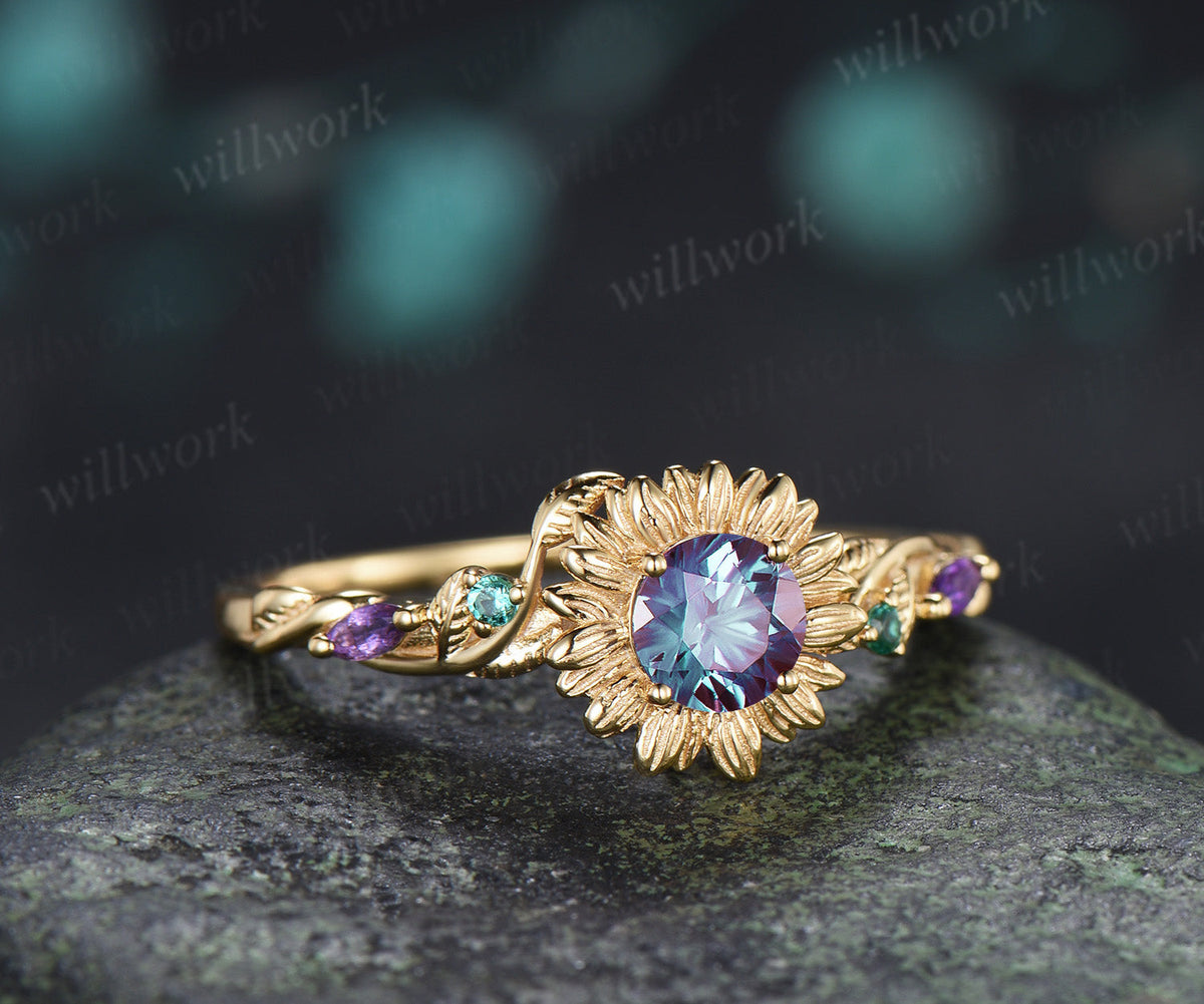 Round Fireworks Cut Alexandrite Sunflower Engagement Ring Leaf Twig Amethyst Emerald Accent Promise Ring
