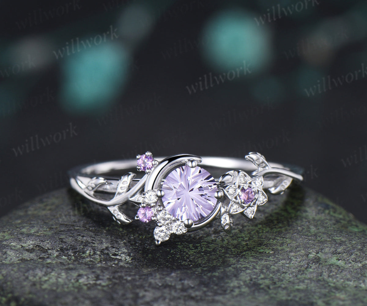 Round Fireworks Cut Lavender Amethyst Engagement Ring Moon Leaf Vine Floral Promise Ring Unique Diamond Cluster Ring Gift