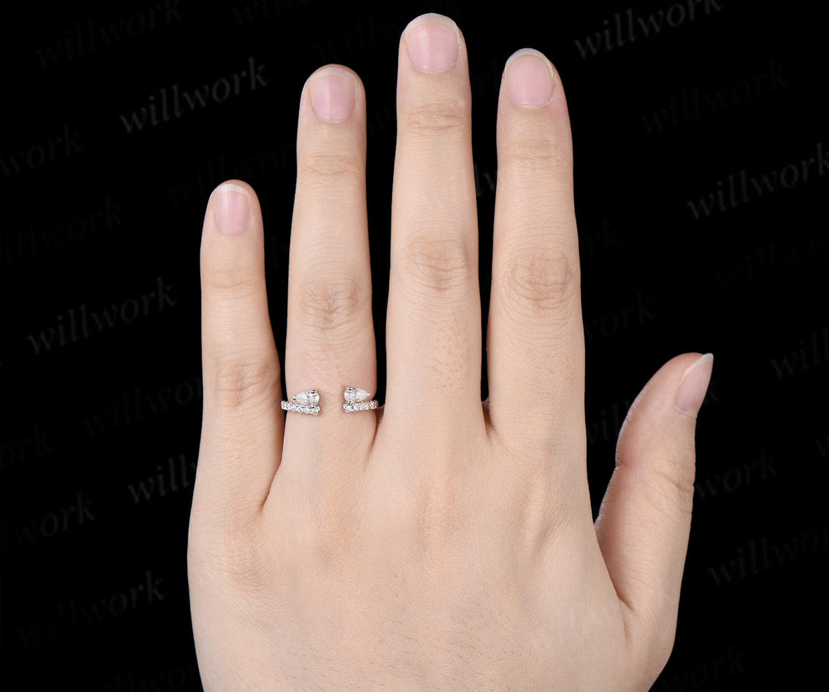 Open Gap Pear Diamond Wedding Band Half Eternity Unique Stacking Ring Dainty Matching Band