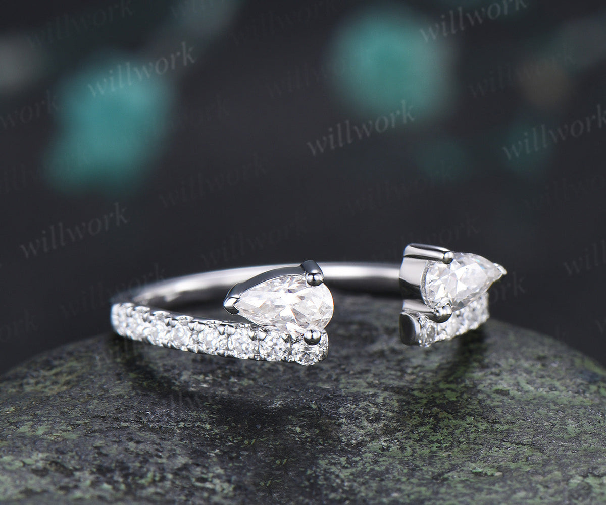 Open Gap Pear Diamond Wedding Band Half Eternity Unique Stacking Ring Dainty Matching Band