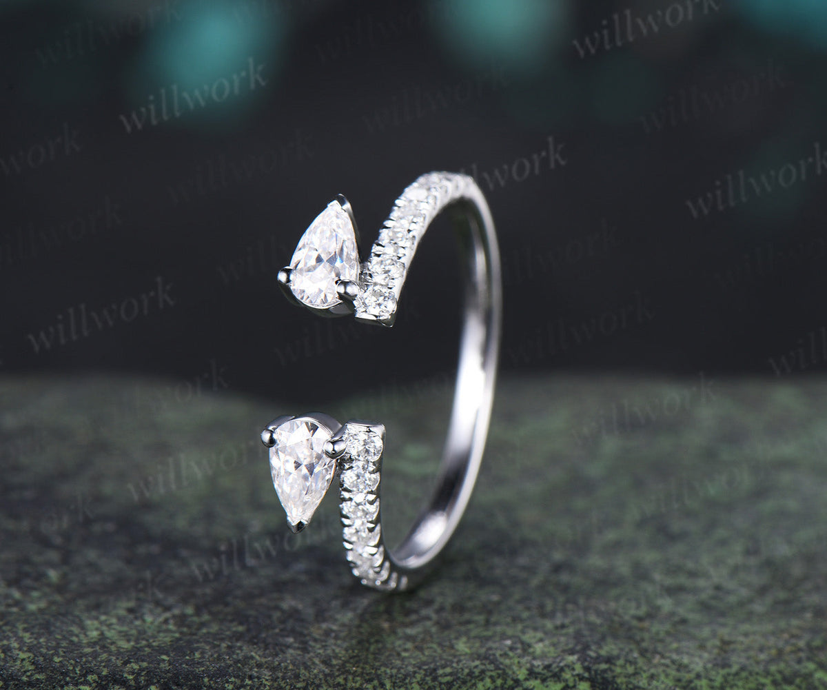 Open Gap Pear Diamond Wedding Band Half Eternity Unique Stacking Ring Dainty Matching Band