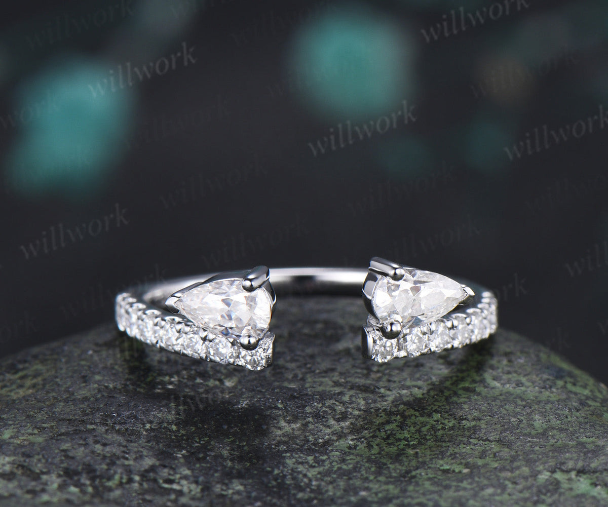 Open Gap Pear Diamond Wedding Band Half Eternity Unique Stacking Ring Dainty Matching Band
