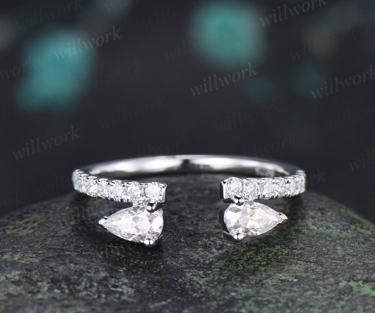 Open Gap Pear Diamond Wedding Band Half Eternity Unique Stacking Ring Dainty Matching Band