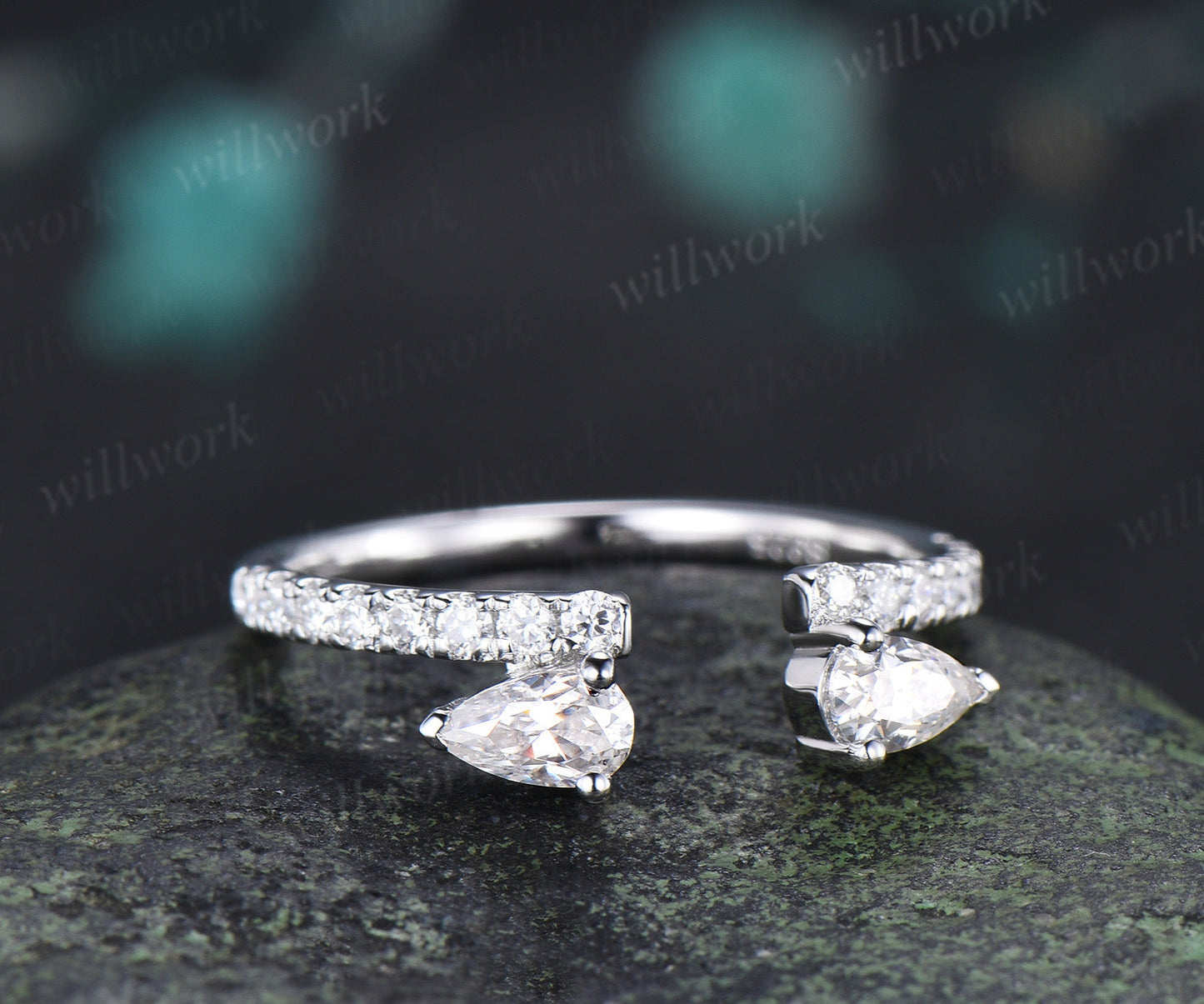 Open Gap Pear Diamond Wedding Band Half Eternity Unique Stacking Ring Dainty Matching Band