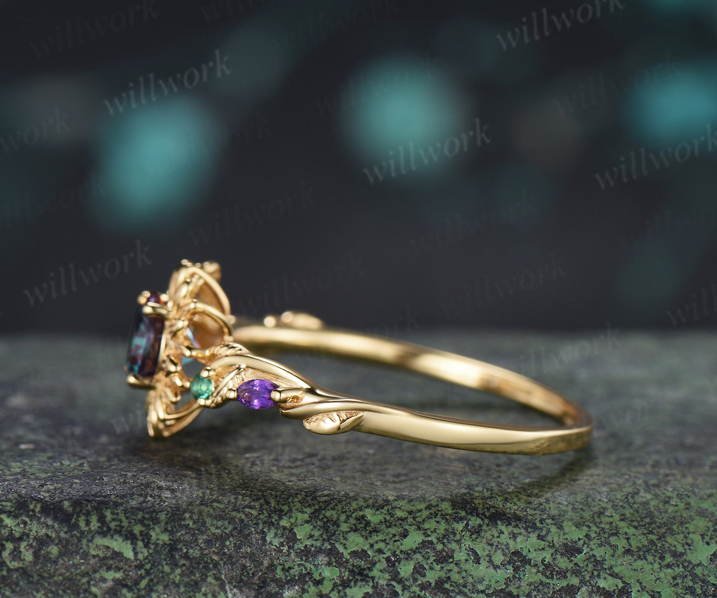 Round Fireworks Cut Alexandrite Sunflower Engagement Ring Leaf Twig Amethyst Emerald Accent Promise Ring