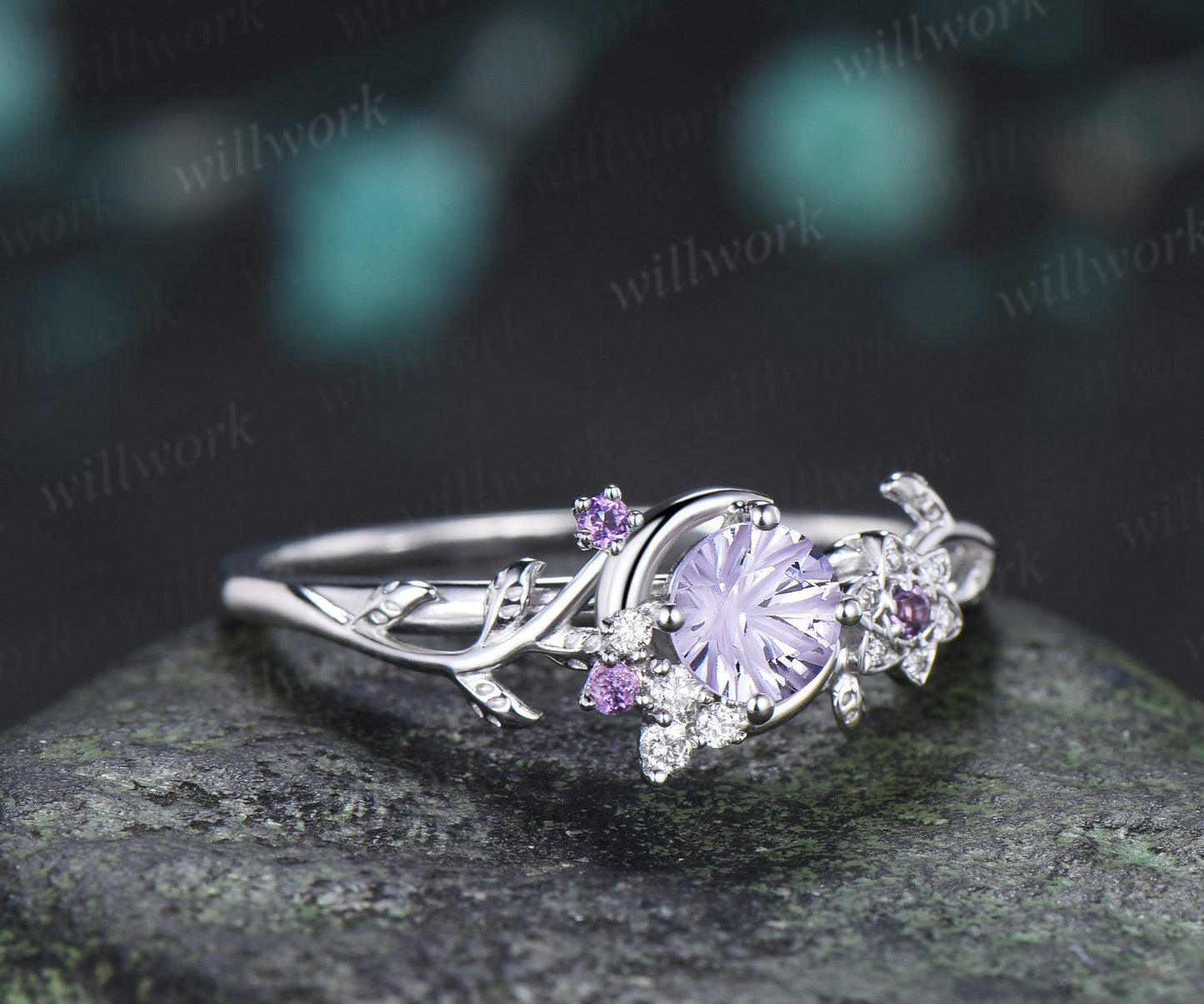 Round Fireworks Cut Lavender Amethyst Engagement Ring Moon Leaf Vine Floral Promise Ring Unique Diamond Cluster Ring Gift