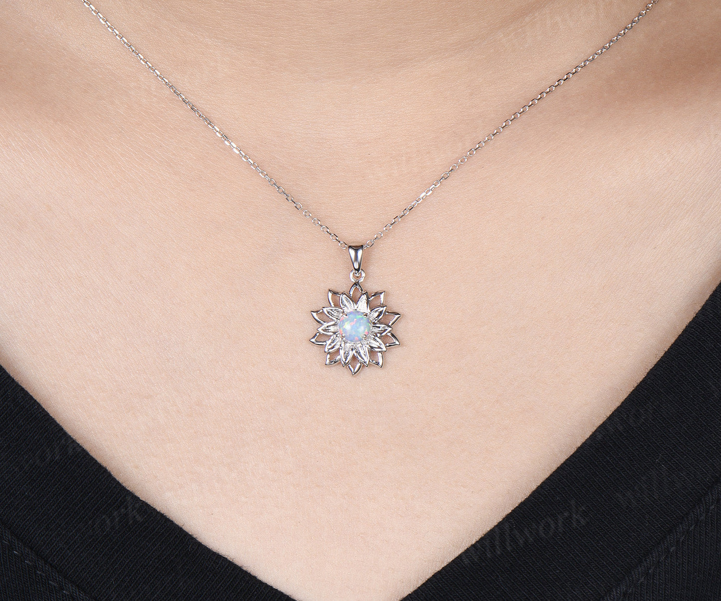 Round Opal Lotus Flower Pendant Necklace Hollow Out Floral Gemstone Necklace Nature Inspired Jewelry
