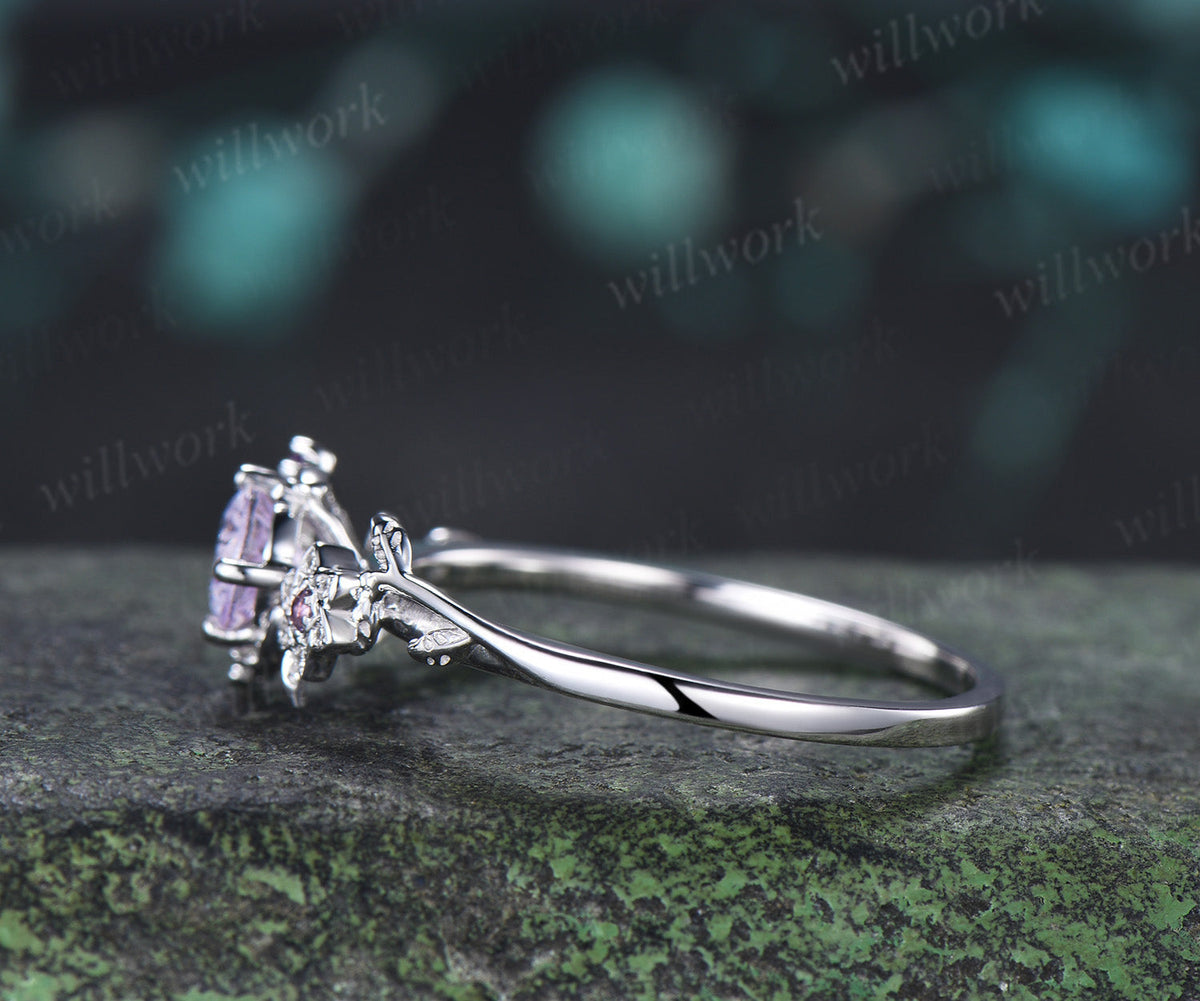 Round Fireworks Cut Lavender Amethyst Engagement Ring Moon Leaf Vine Floral Promise Ring Unique Diamond Cluster Ring Gift