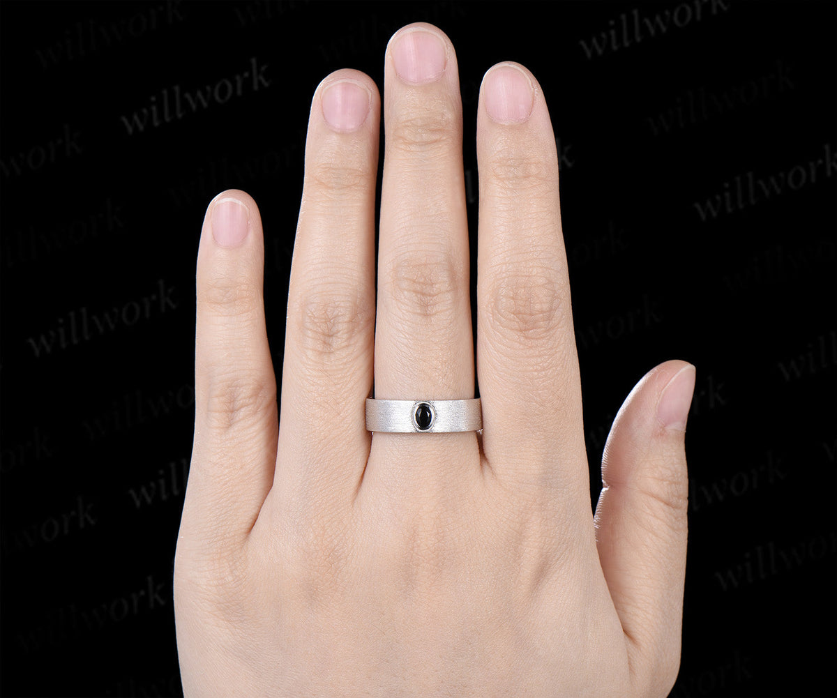 Round Alexandrite Moon Leaf Black Spinel Ring Set & Solitaire Black Onyx Brushed Finish Men Wedding Ring Couple Ring Set