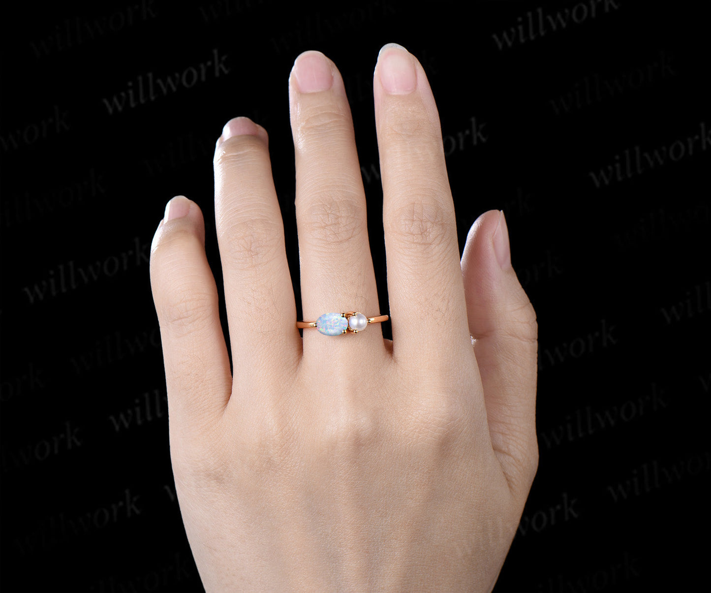 Toi et Moi Oval Opal & Pearl Ring Two Stone Couple Ring Unique Anniversary & Birthstone Jewelry