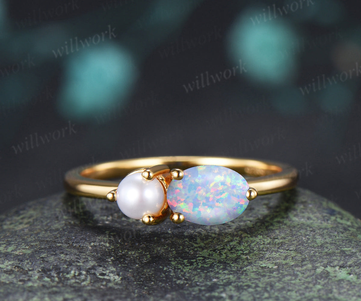 Toi et Moi Oval Opal & Pearl Ring Two Stone Couple Ring Unique Anniversary & Birthstone Jewelry