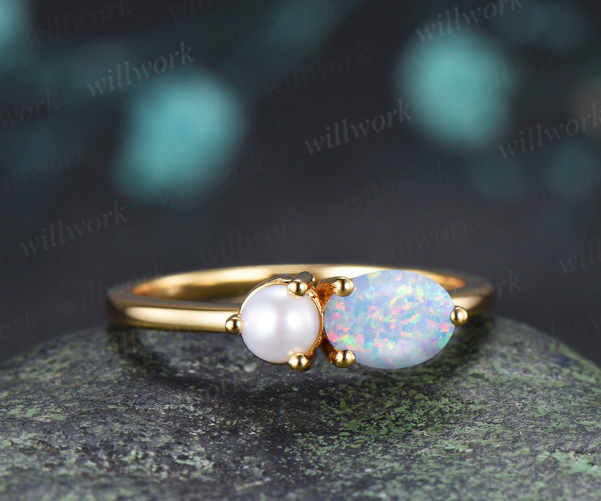 Toi et Moi Oval Opal & Pearl Ring Two Stone Couple Ring Unique Anniversary & Birthstone Jewelry