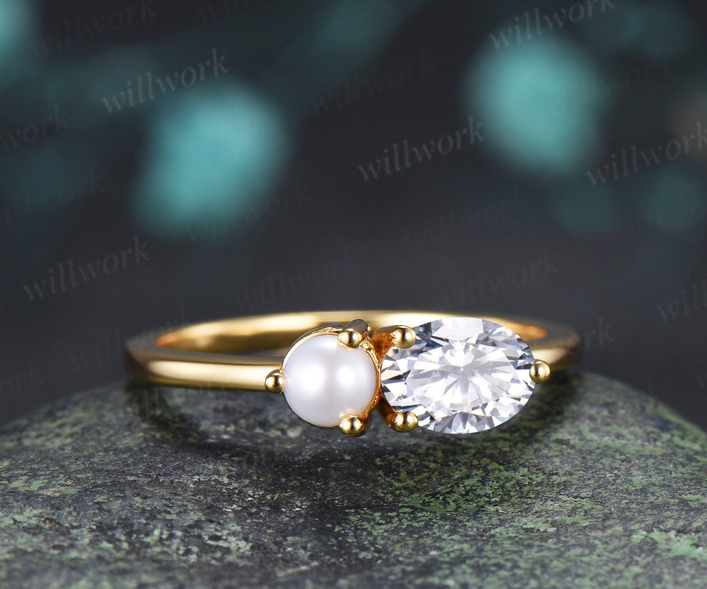Oval Moissanite and Pearl Toi et Moi Ring Two Stone Engagement Ring Minimalist Couple Besties Jewelry