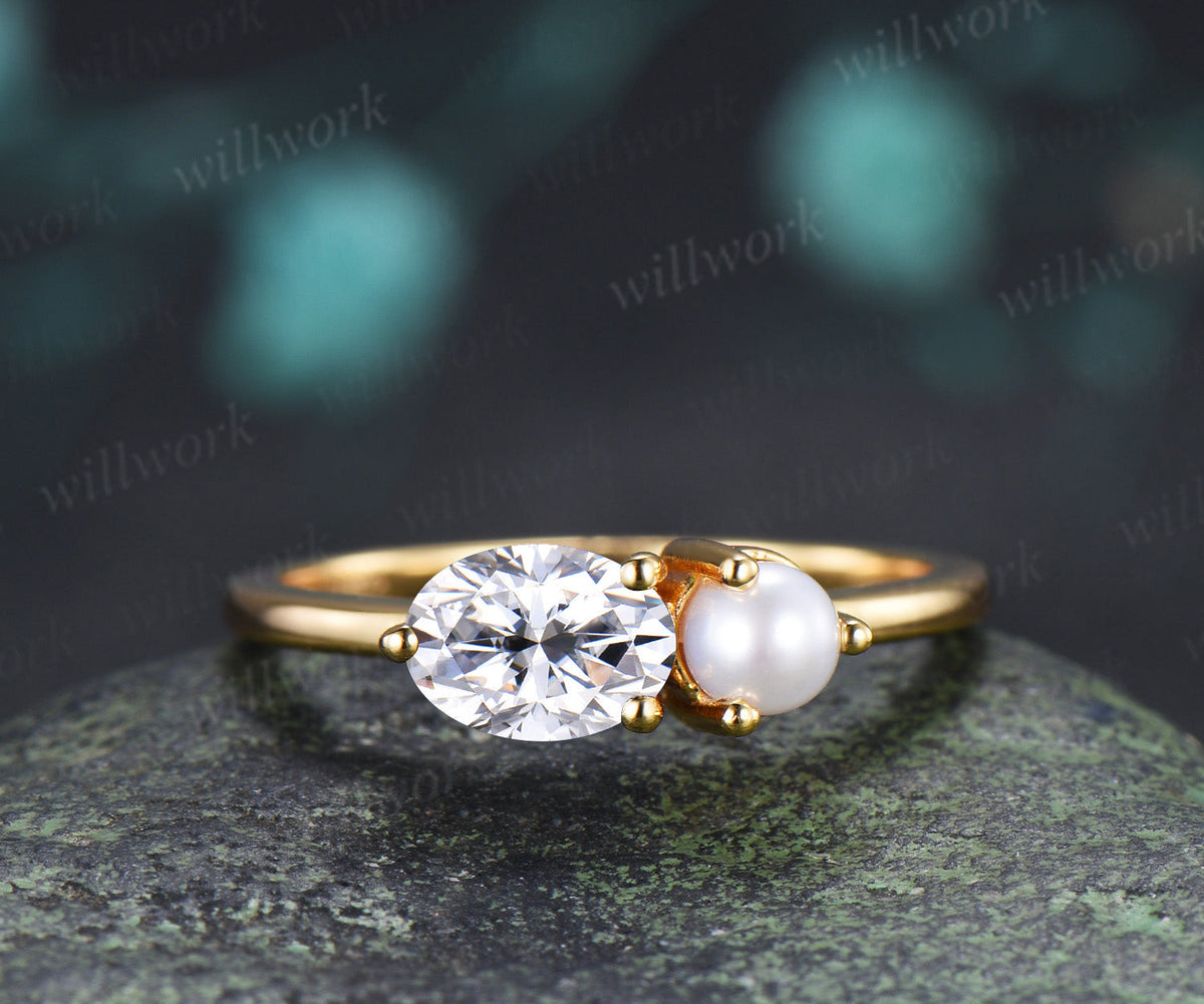 Oval Moissanite and Pearl Toi et Moi Ring Two Stone Engagement Ring Minimalist Couple Besties Jewelry