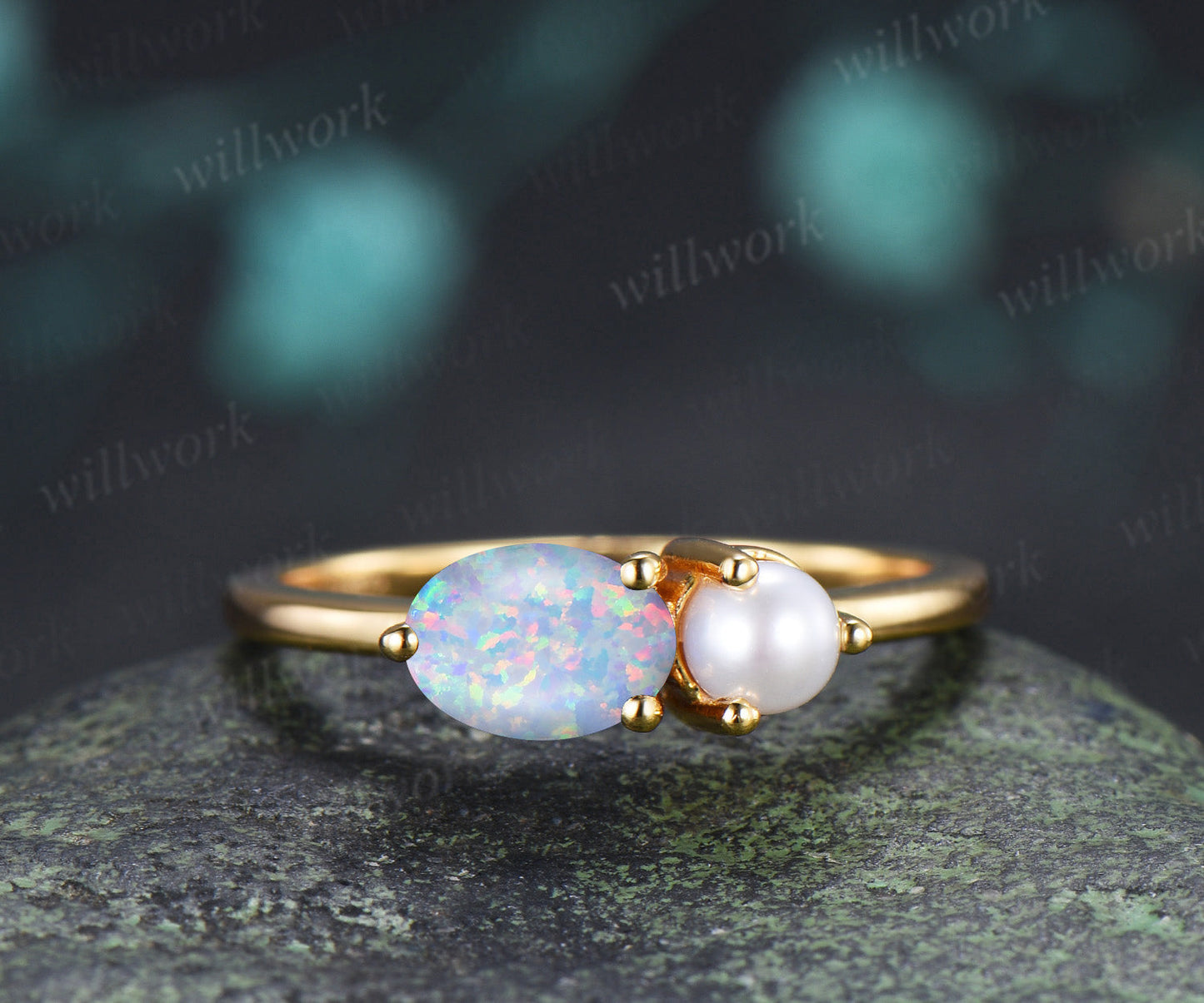Toi et Moi Oval Opal & Pearl Ring Two Stone Couple Ring Unique Anniversary & Birthstone Jewelry