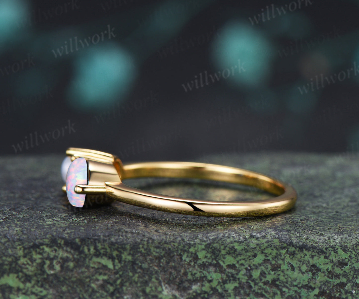 Toi et Moi Oval Opal & Pearl Ring Two Stone Couple Ring Unique Anniversary & Birthstone Jewelry