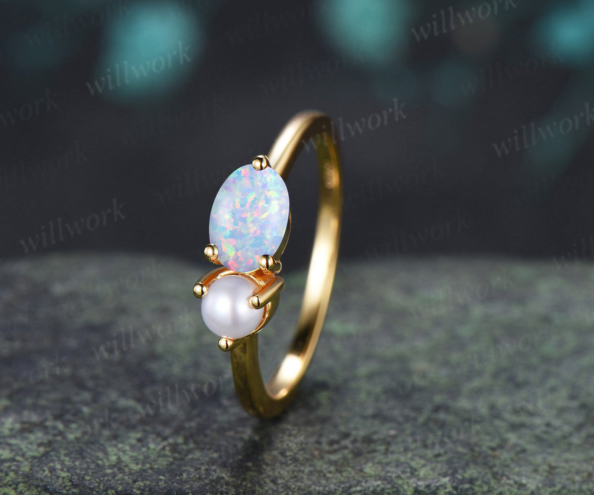 Toi et Moi Oval Opal & Pearl Ring Two Stone Couple Ring Unique Anniversary & Birthstone Jewelry