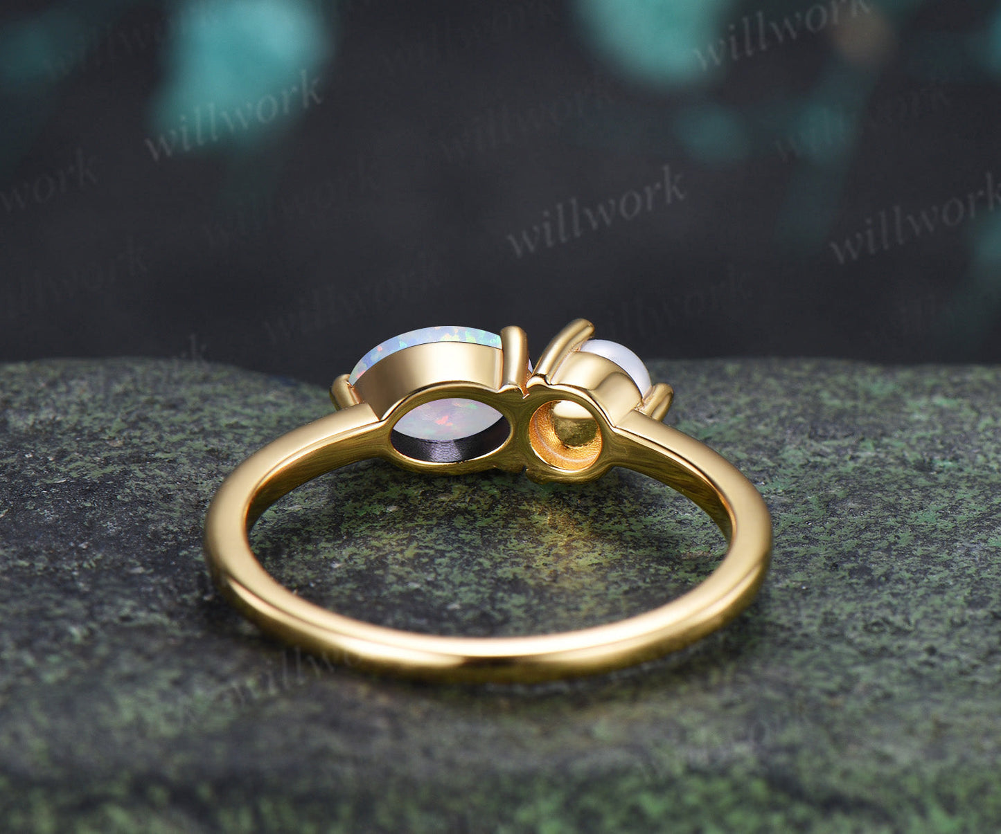 Toi et Moi Oval Opal & Pearl Ring Two Stone Couple Ring Unique Anniversary & Birthstone Jewelry