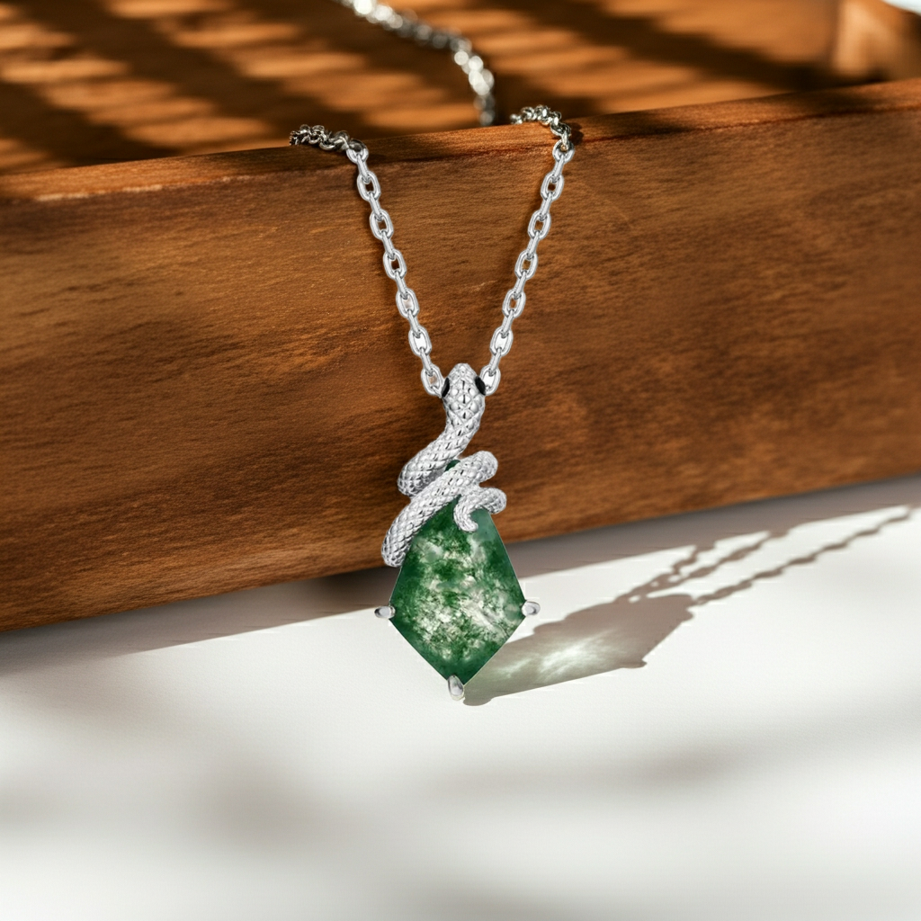 'Noir Serpent' Pear Cut Moss Agate Mystical Serpent Carved Nature Inspired  Necklace