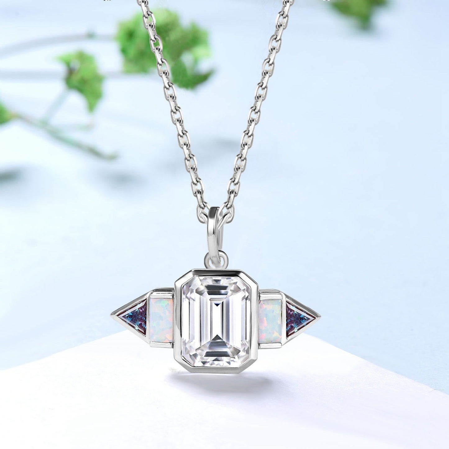 Art Deco Emerald Cut Moissanite & Opal Necklace | East-West Pendant