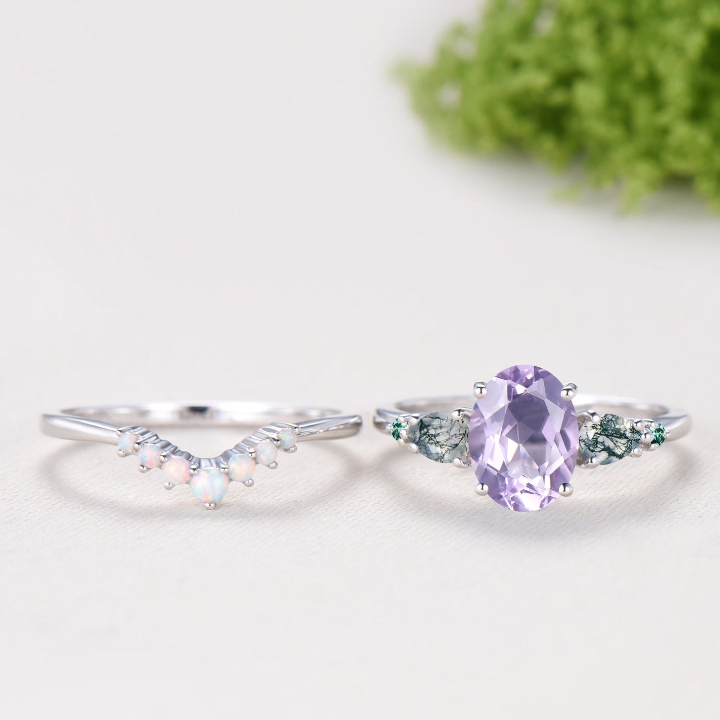 1.5 Carat Oval Natural Lavender Amethyst Engagement Ring Set, Pear Moss Agate & Emerald Wedding Band, Fire Opal Stacking Band