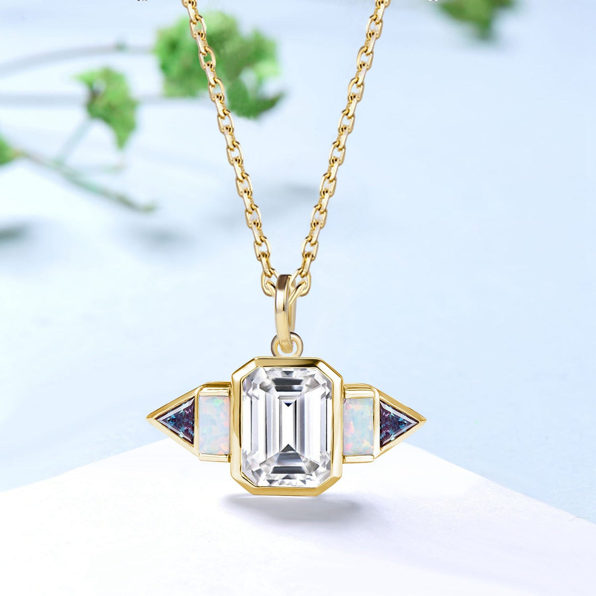 Art Deco Emerald Cut Moissanite & Opal Necklace | East-West Pendant