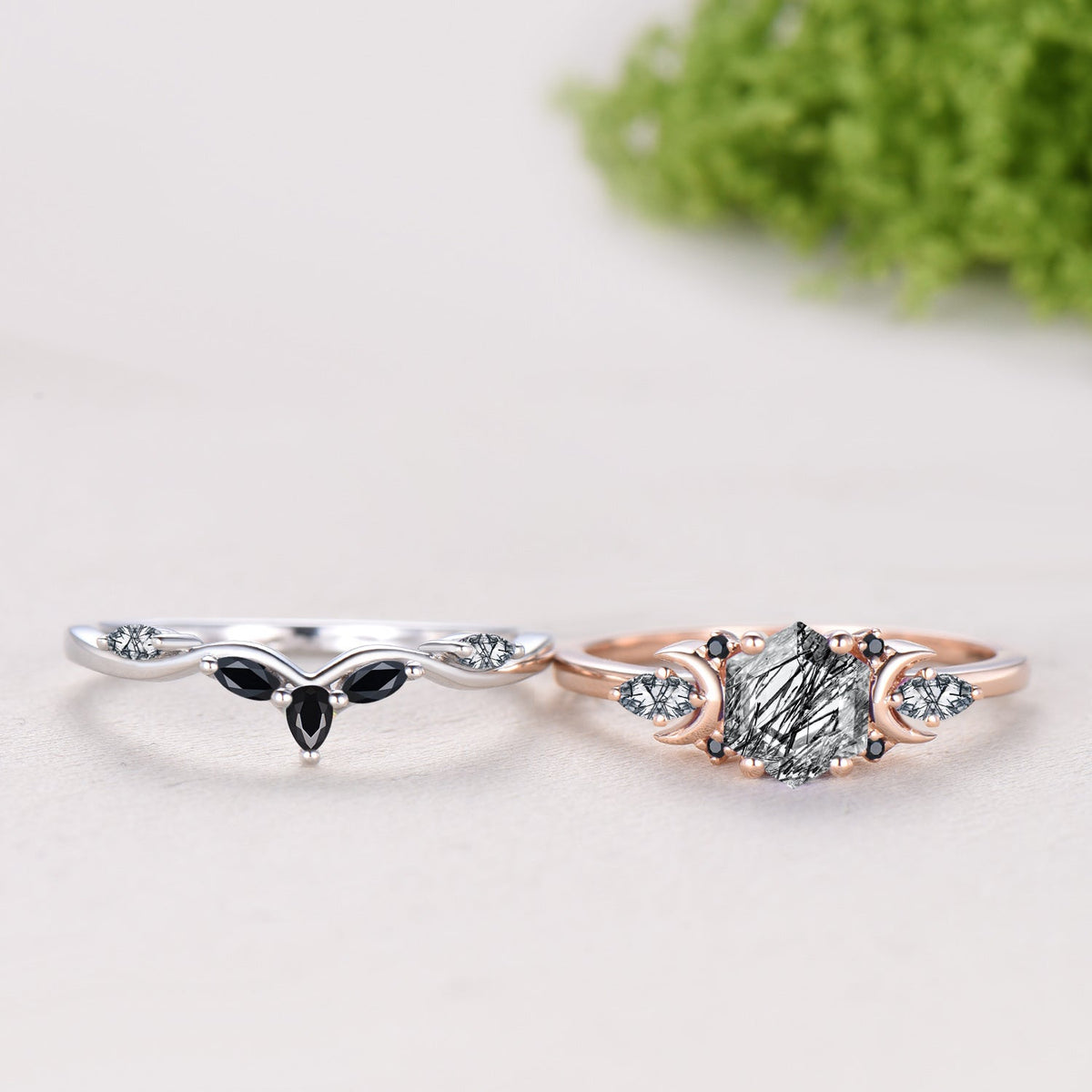 Hexagon Cut Black Rutilated Quartz Moon Celestial Ring Set Spinel Curved Band