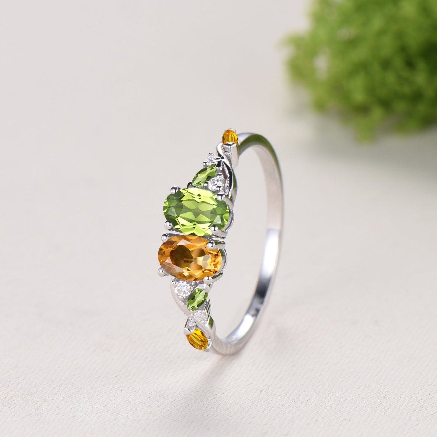 Vintage Peridot Citrine Engagement Ring | 14K White Gold Two Stone Oval Cut Promise Ring