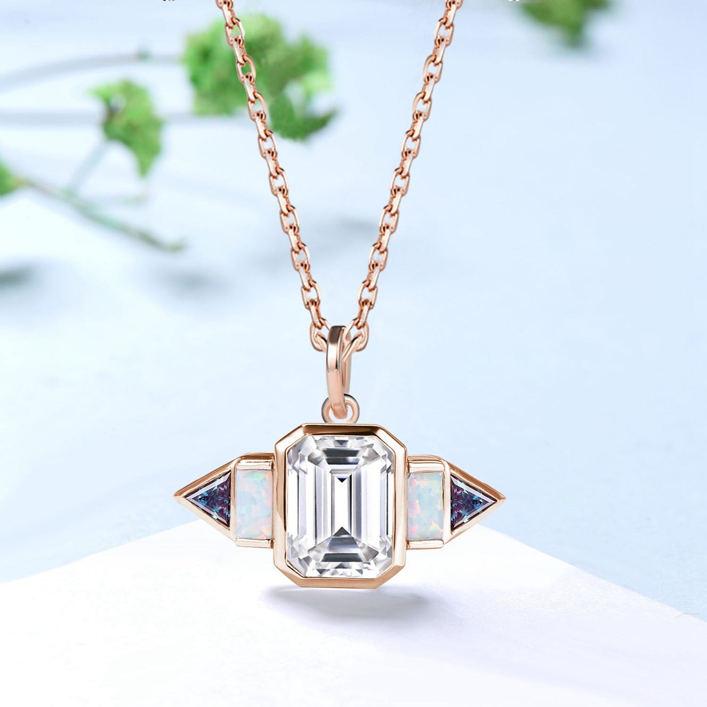 Art Deco Emerald Cut Moissanite & Opal Necklace | East-West Pendant