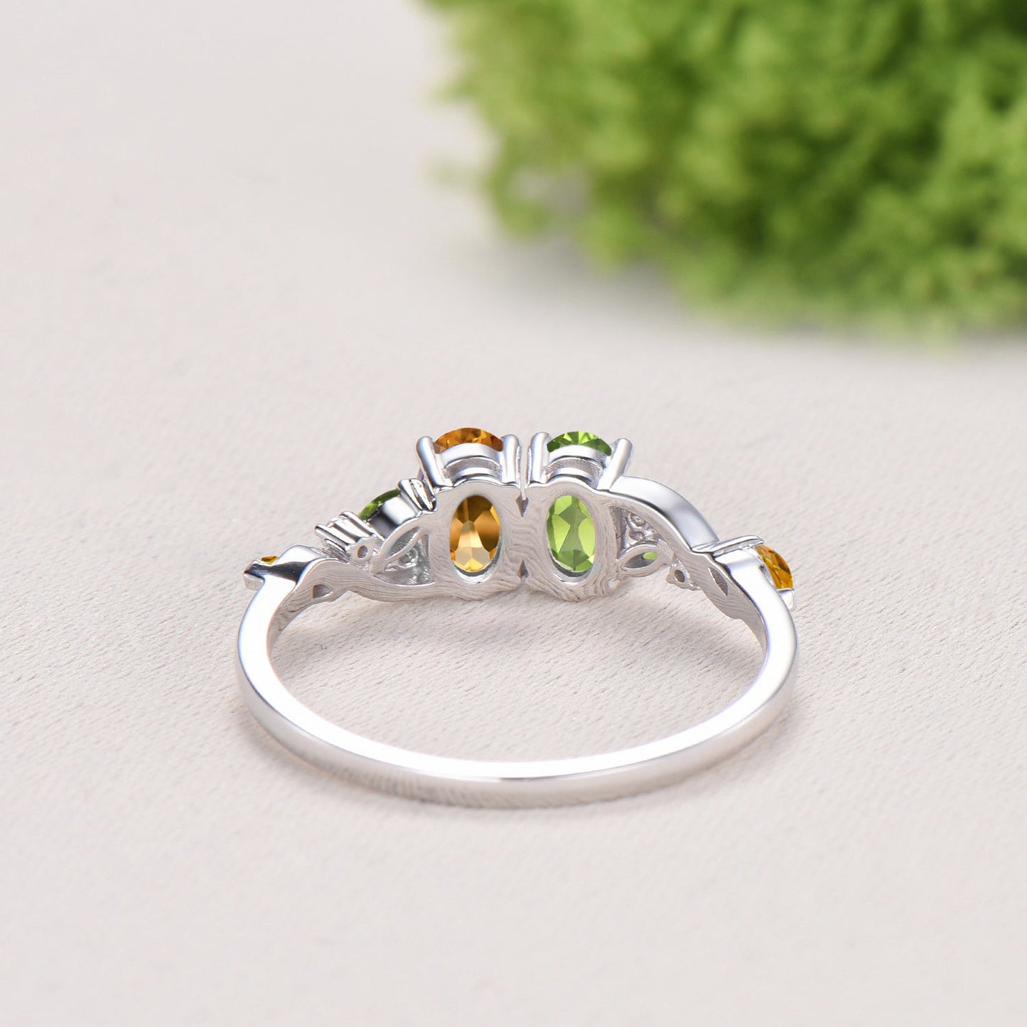 Vintage Peridot Citrine Engagement Ring | 14K White Gold Two Stone Oval Cut Promise Ring