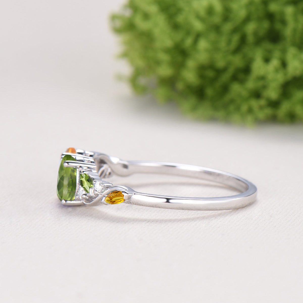 Vintage Peridot Citrine Engagement Ring | 14K White Gold Two Stone Oval Cut Promise Ring