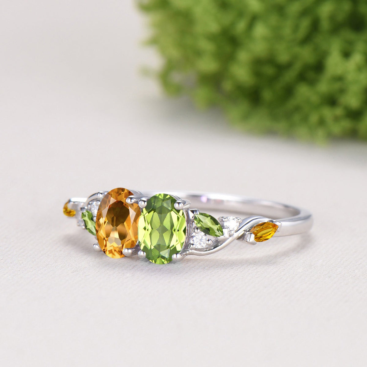 Vintage Peridot Citrine Engagement Ring | 14K White Gold Two Stone Oval Cut Promise Ring