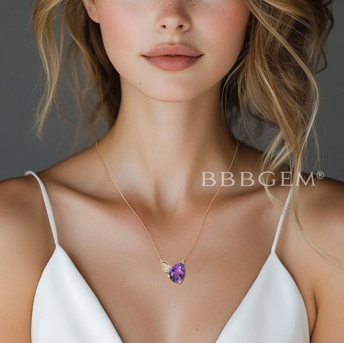 Pear Cut Natural Amethyst Necklace Moissanite Three Stone Wedding Pendant
