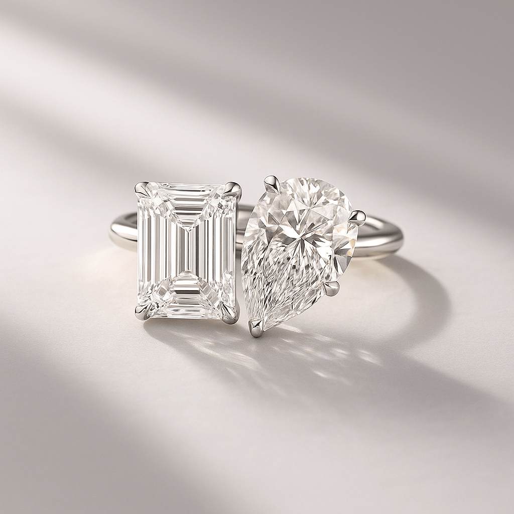 6 Carat Two Tone Pear & Emerald Toi Et Moi Engagement Ring